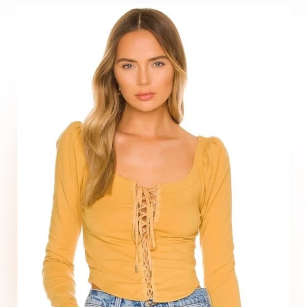 Free People Mustard Yellow Lace-Up Long Sleeve Top